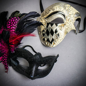 Venetian Silver Black Phantom Half Face & Black Glitter Hot PINK Feather Eye